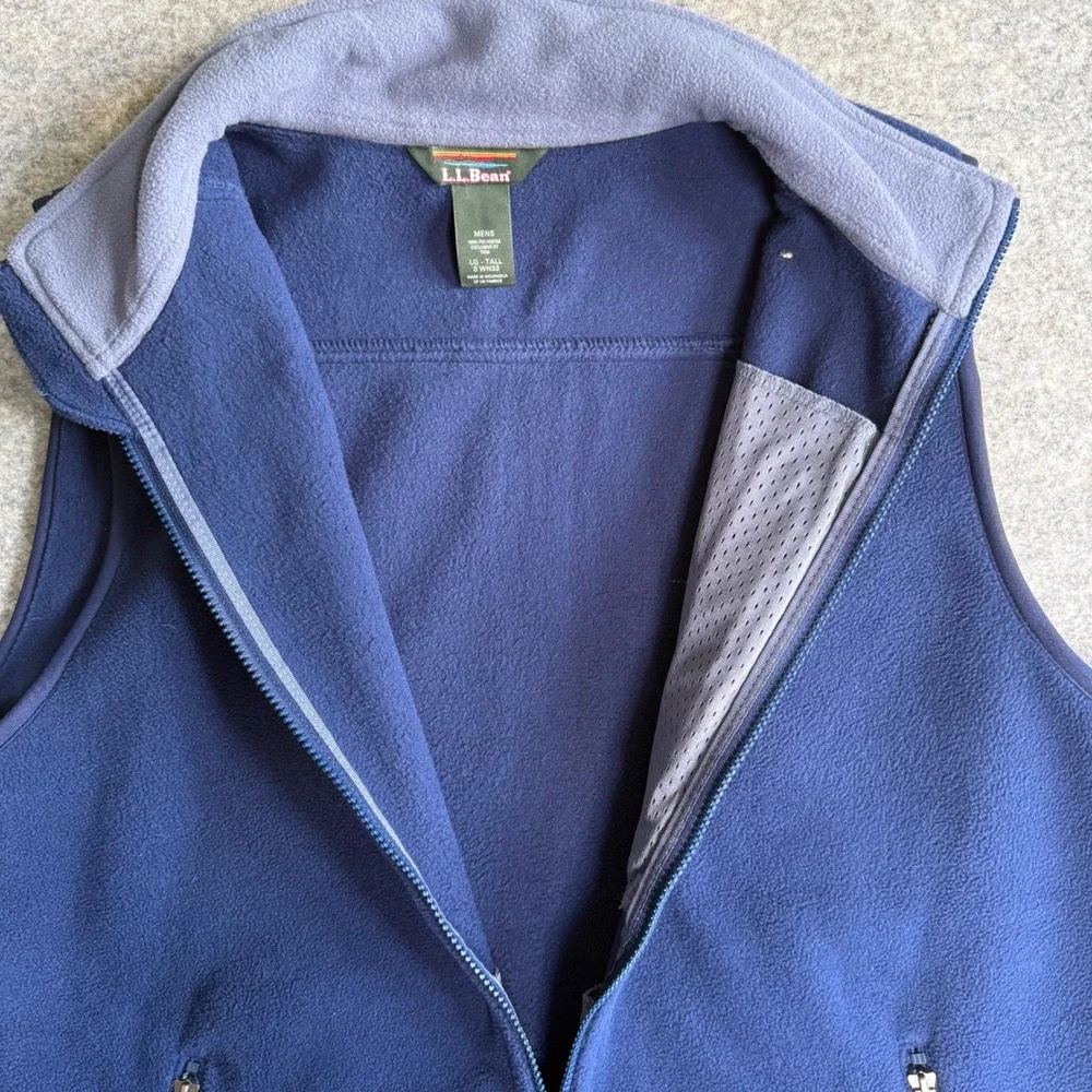 LL Bean Mens Fleece Vest Navy Blue Full Zip Mock Neck Large Tall 0WN33